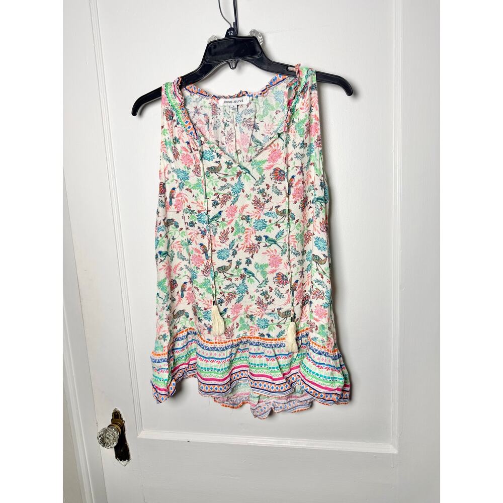 Rose + Olive Colorful Floral Boho Sleeveless Tank Blouse Top Women's Small